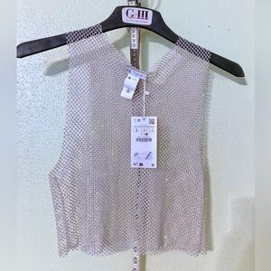 Zara NWT Metallic Mesh Sleeveless Camisole in Light Silver Beige 2712/343/712